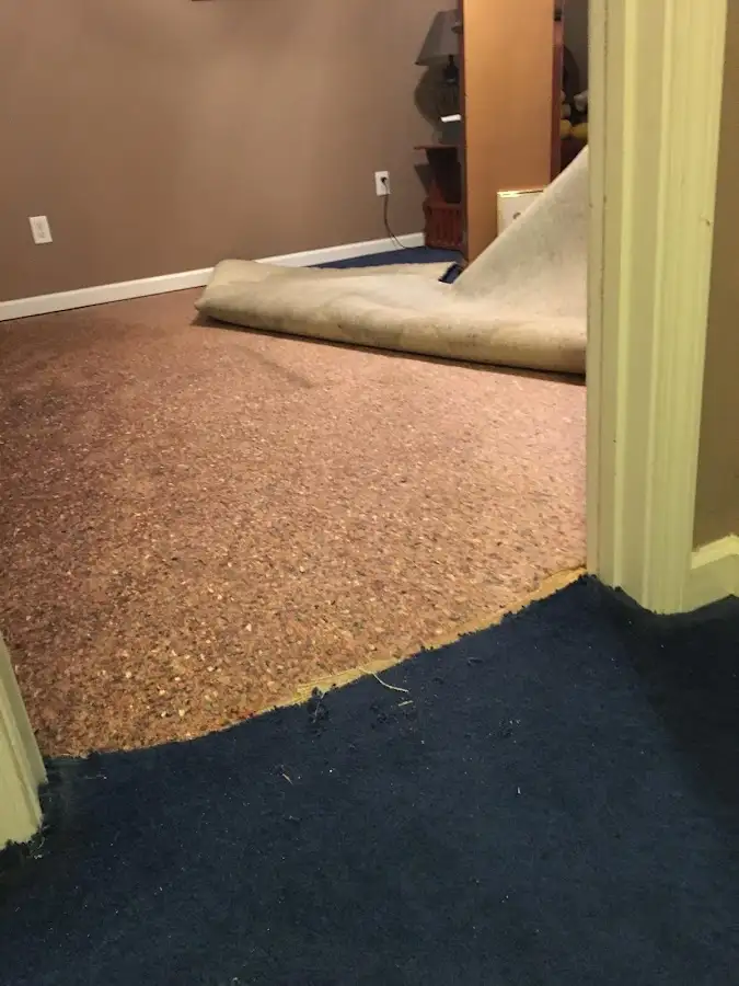Carpet pad removal revealing water damage during Water Mitigation Services in Wrightsboro